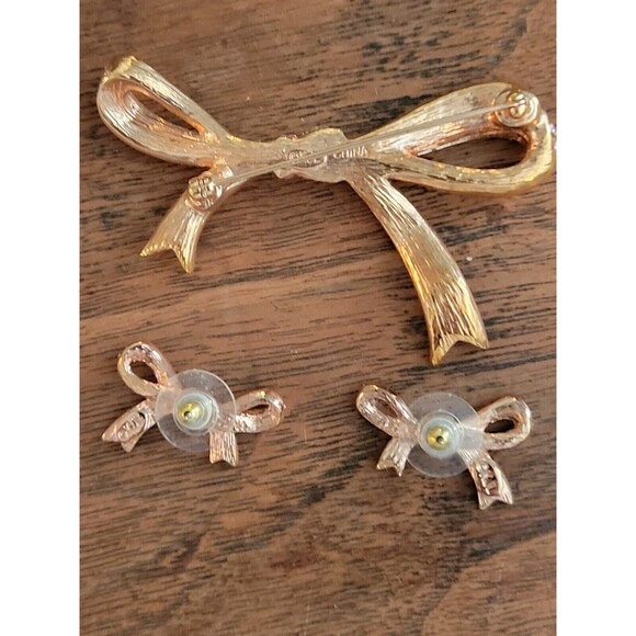 Vtg Rare Kenneth J Lane Brooch Ribbon Pink Rose Gold Pin 2.5" And Earrings KJL - Picture 3 of 7